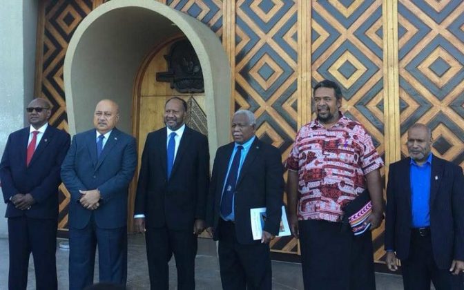 Leading delegates at the 2018 Melanesian Spearhead Group summit in Port Moresby, including Charlot Salwai and Rick Hou, prime ministers of Vanuatu and Solomon Islands (third and fourth from the left) and West Papuan leader Benny Wenda far right). Photo: Supplied