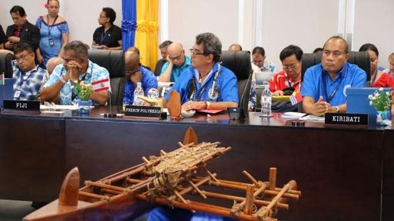 Leaders attend the Pacific Islands Forum at the Civic Center in Aiwo on the island of Nauru today. Picture: AFP