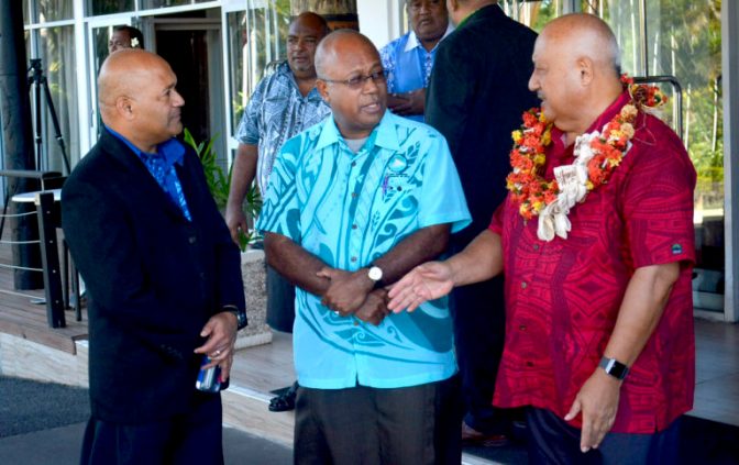 Fiji's permanent secretary for the Ministry of Defence and National Security Osea Cawaru (left) with Director General for MSG Amena Yauvoli and Minister for Defence Ratu Inoke Kubuabola during a break at the 2nd MSG Regional Security Strategy Working Group Meeting at Tanoa International in Nadi yesterday. Picture: BALJEET SINGH