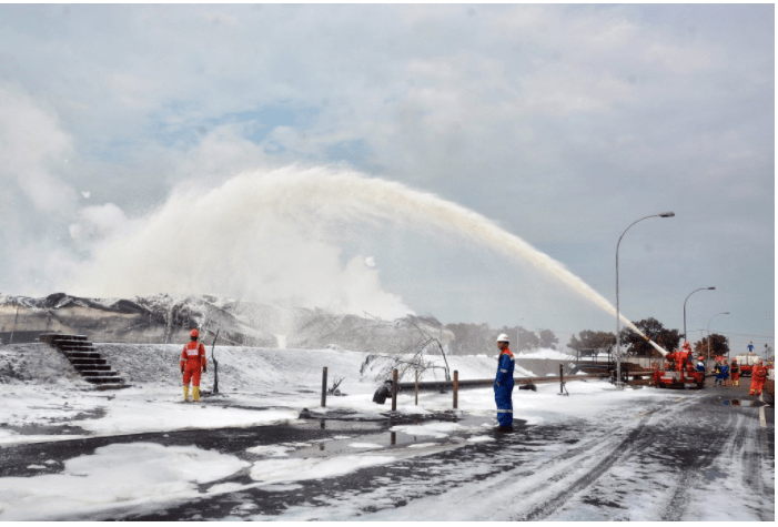 Firefighters battle a fire at Balongan refinery, operated by state oil company Pertamina, in Indramayu, West Java on March 31, 2021. (AFP/Riki)