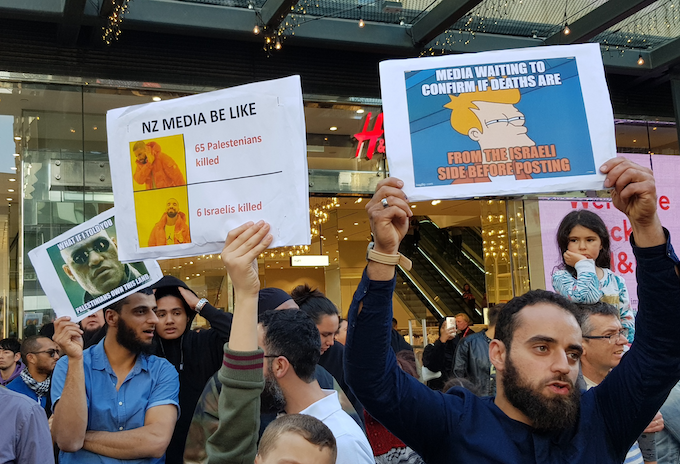Palestinian protesters target NZ media “bias” at the first Nakba Rally in Auckland last month. Image: David Robie/APR